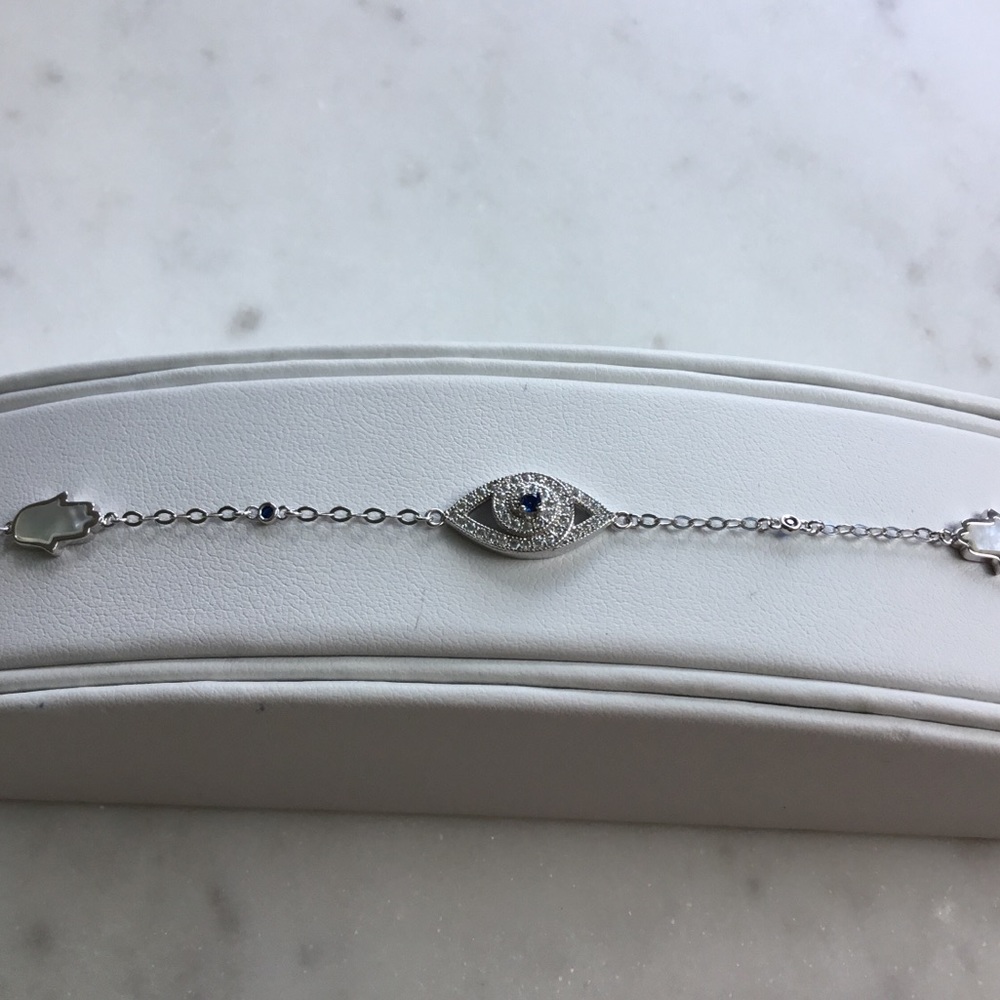 Sterling Silver CZ Evil Eye & MOP Hamsa Bracelet - Picture 9 of 13
